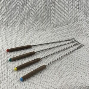 Vintage Oster Fondue Fork Set 4 Stainless Steel Teak Wood Handle Color Coded NOS